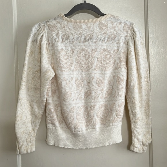 80s Vintage Cream & White Rose Pattern Puff Shoulder Pullover Sweater XS Sm - Picture 3 of 13
